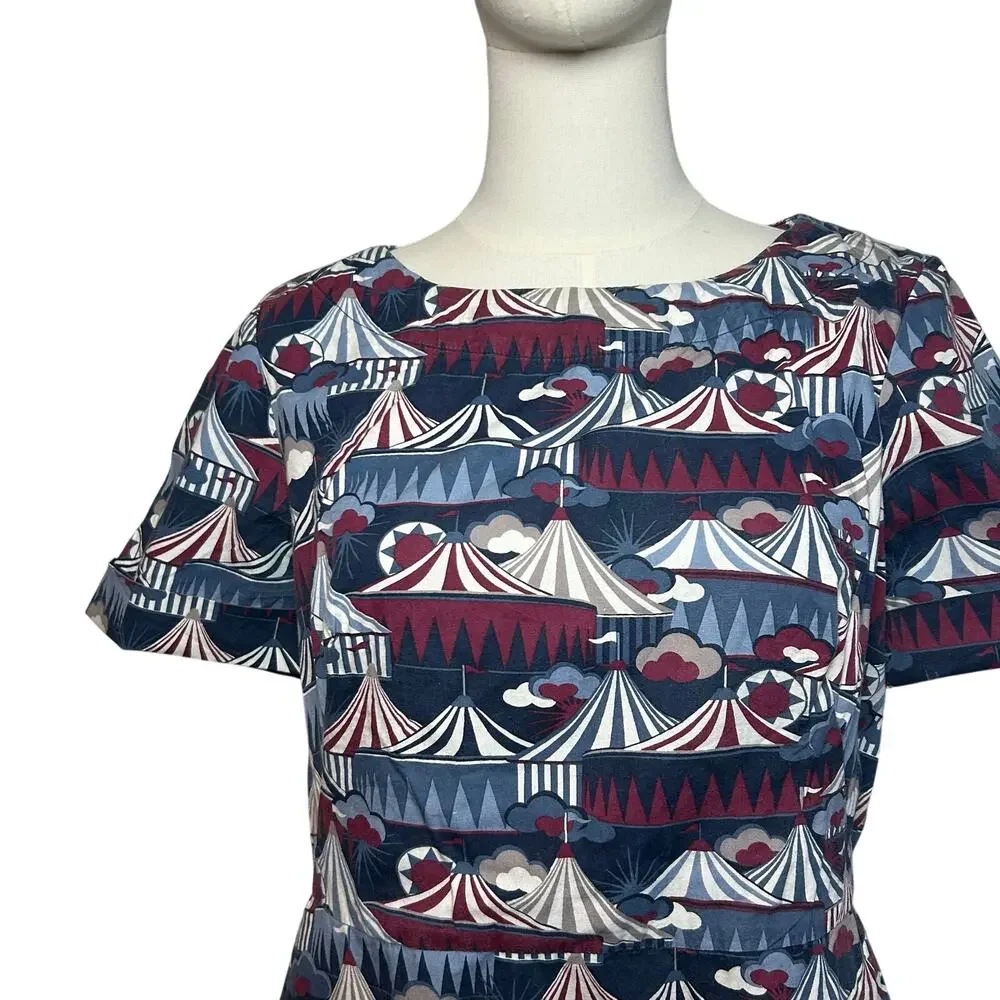 Emily & Fin Circus Tent Print Dress Blue Red M Retro Twee Indie Coquette Wiggle